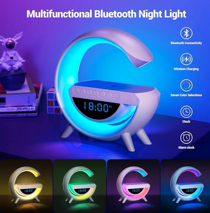 Atmosphere Night Light Wireless Phone Charger Bluetooth Speaker Alarm Clock All in One LED Table Lamp for Bedroom.