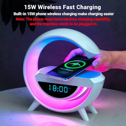 Atmosphere Night Light Wireless Phone Charger Bluetooth Speaker Alarm Clock All in One LED Table Lamp for Bedroom.